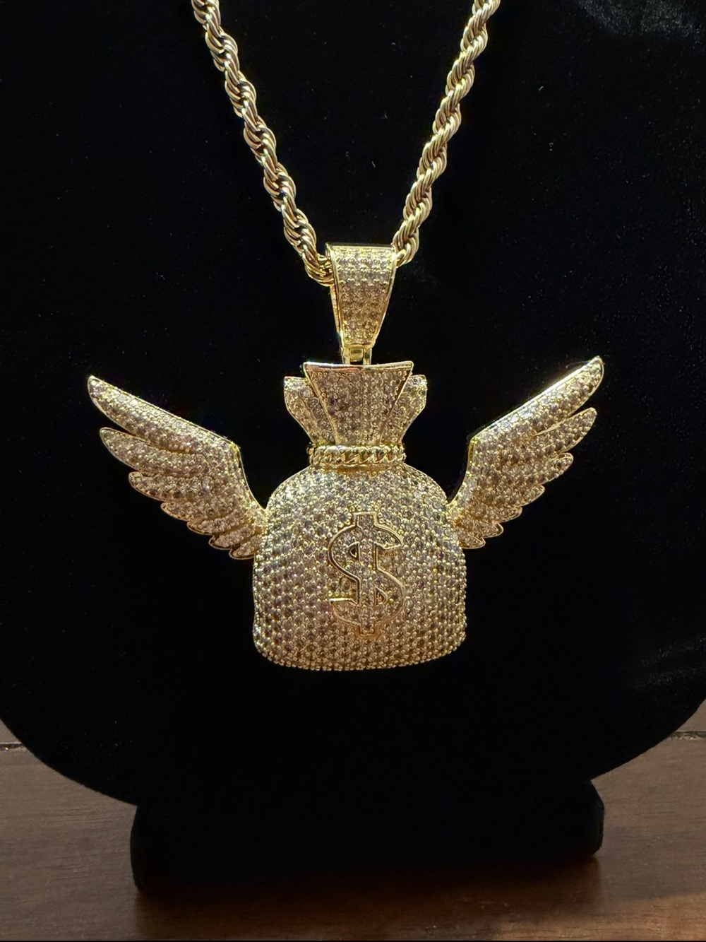 14K Gold Plated Moneybagg with Wings Pendant – Free 24” Rope Chain Included